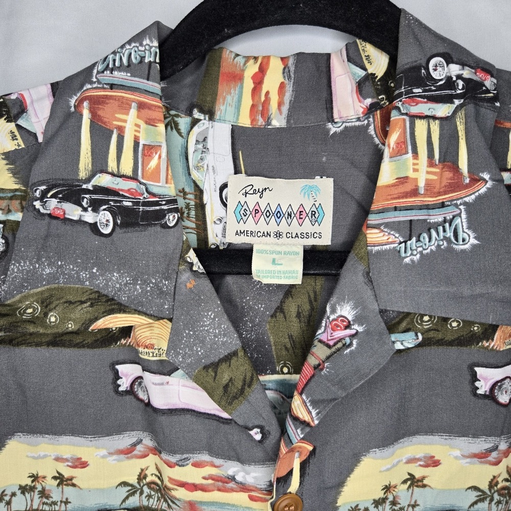 VTG Reyn Spooner American Classics Mens Large Button Up Rayon Classic Cars USA - Picture 2 of 9